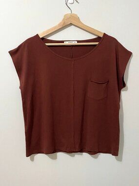 NWOT Mango Organic Cotton Wide Neck T-Shirt Drop Shoulder Boxy Relaxed Cozy Rust